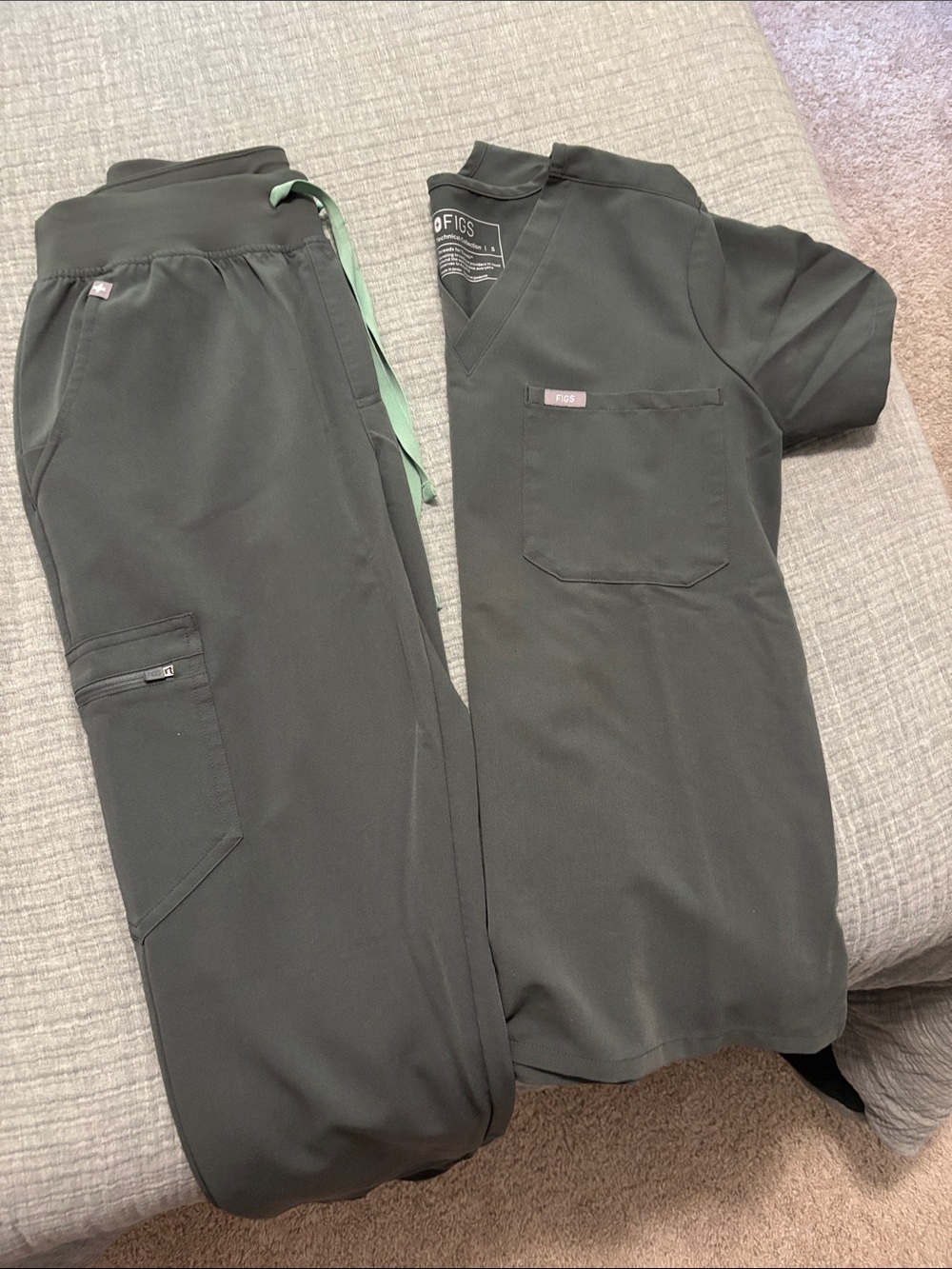 Figs Olive Scrub Top and Pants with Mint Drawstrings
